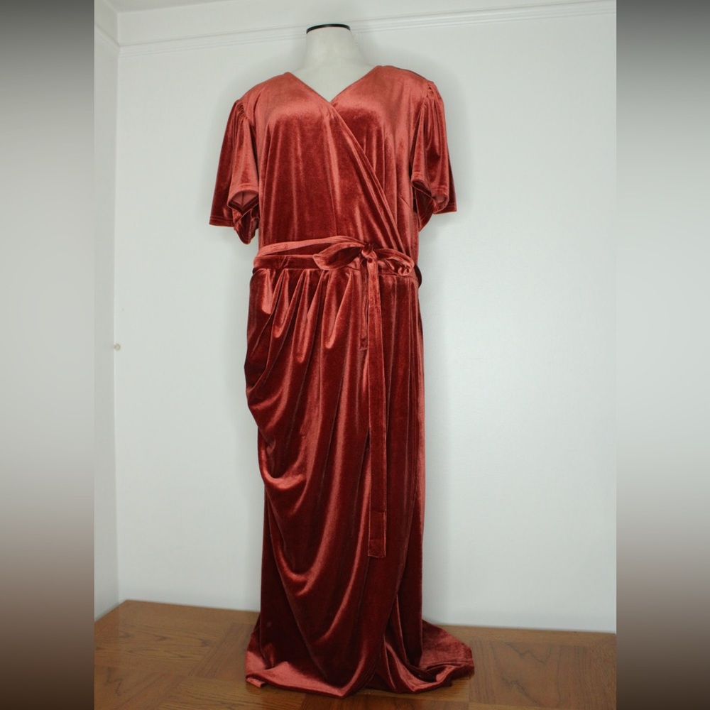 Ivy City Rust Burnt Orange Crushed Velvet faux Wrap Midi Dress Sz 2XL
